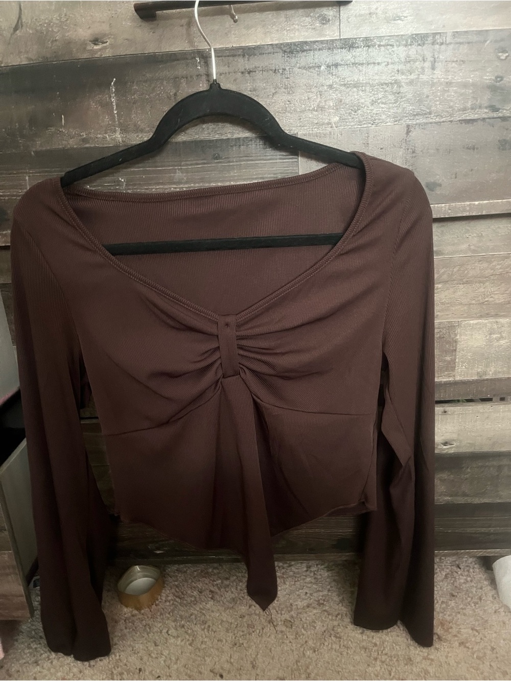 Women’s Brown Twist-Front Long Sleeve crop top and flared sleeves